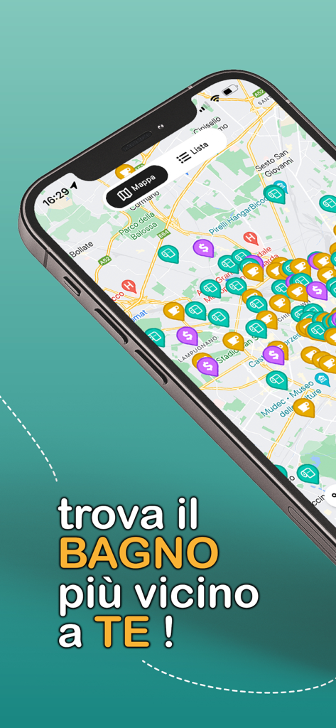 Interface de mapa do aplicativo Onde fica o banheiro mostrando locais de banheiros próximos com pinos coloridos