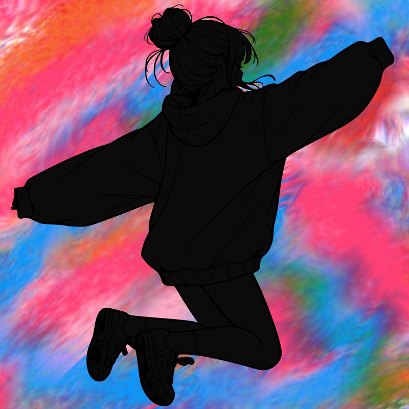 realistic girl jumping with a bun and oversized sweatshirt