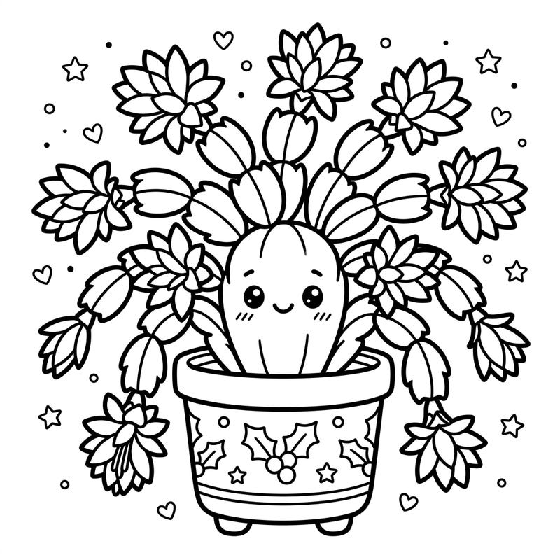 Embrace the cuteness with our enchanting Kawaii Christmas Cactus coloring page, blooming with charm and personality. This delightful illustration offers a perfect blend of plant beauty and adorable style for a relaxing creative escape.