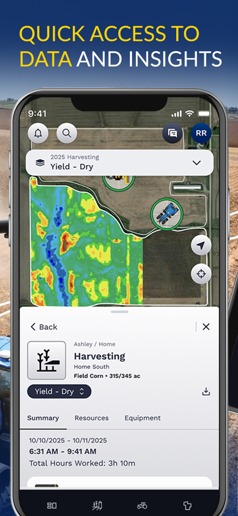 New Holland FieldOps™ - Interface do aplicativo New Holland FieldOps mostrando um mapa de calor agronômico e insights de dados de colheita