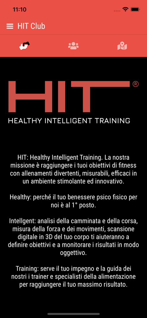 HIT Club - HIT Club mobile app screen displaying the Healthy Intelligent Training mission statement