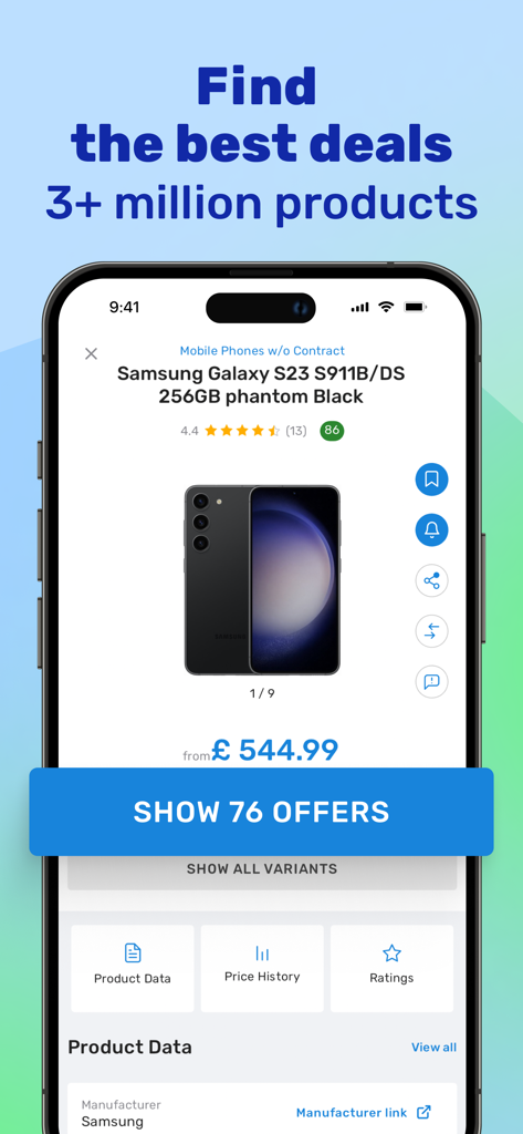 Application Geizhals montrant des offres et l'historique des prix pour un Samsung Galaxy S23.