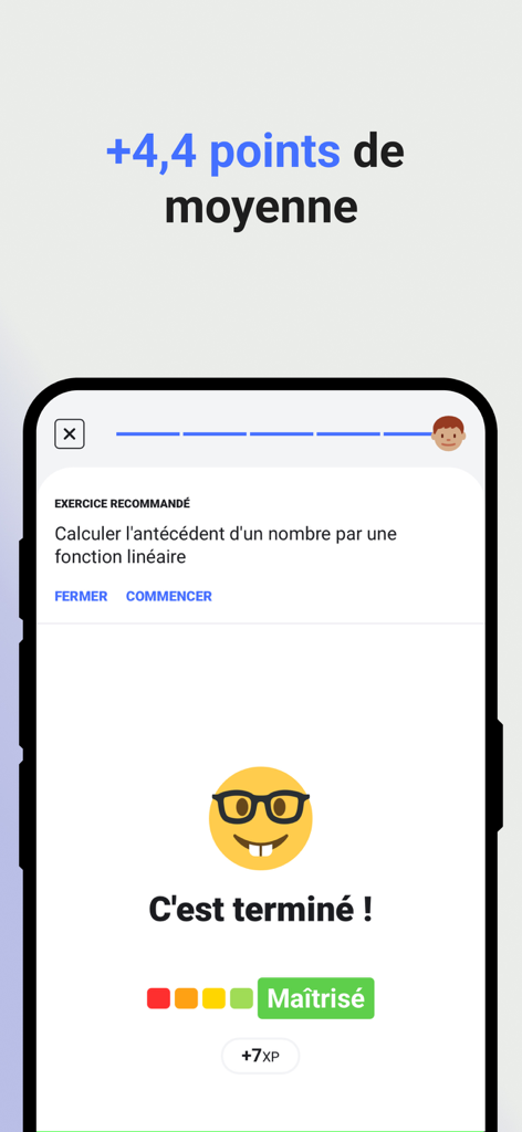 Kartable - Cours et révisions - Kartable mobile app interface showing a mastered math exercise and an average grade increase message
