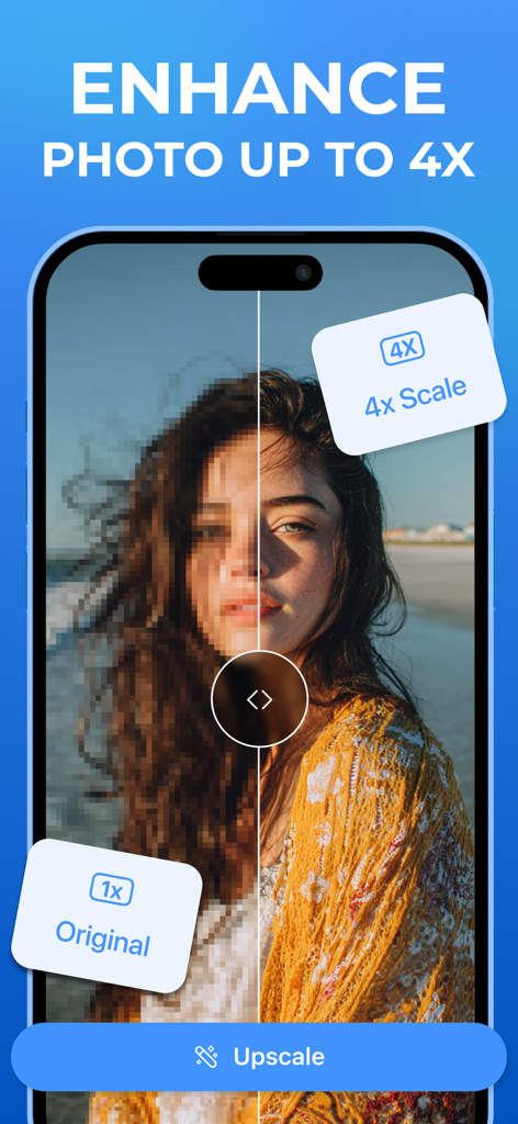 AI Photo Quality Enhancer Аpp - Comparación de antes y después de una foto de retrato mejorada a escala 4x usando IA