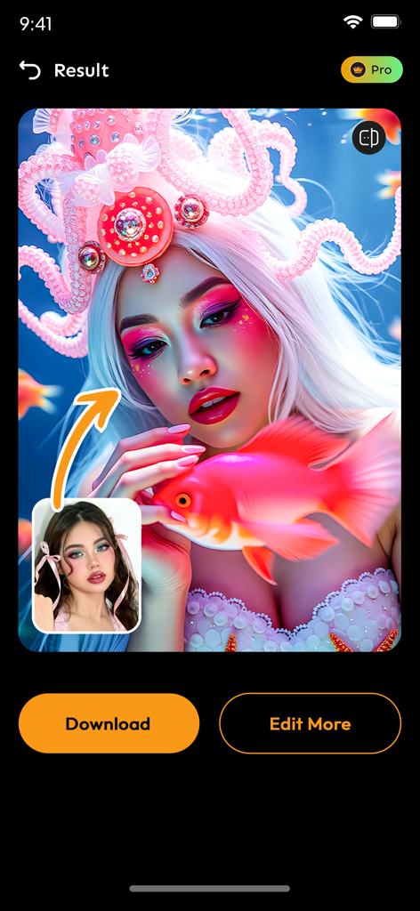 AI Face Swap - New Look - AI face swap result of a woman transformed into a fantasy mermaid character holding a goldfish