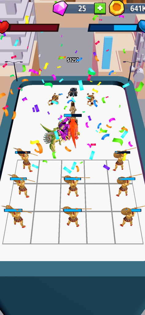 Dino Battle: Dinosaur games - Captura de pantalla de Dino Battle mostrando guerreros y dinosaurios en una cuadrícula con una celebración de confeti