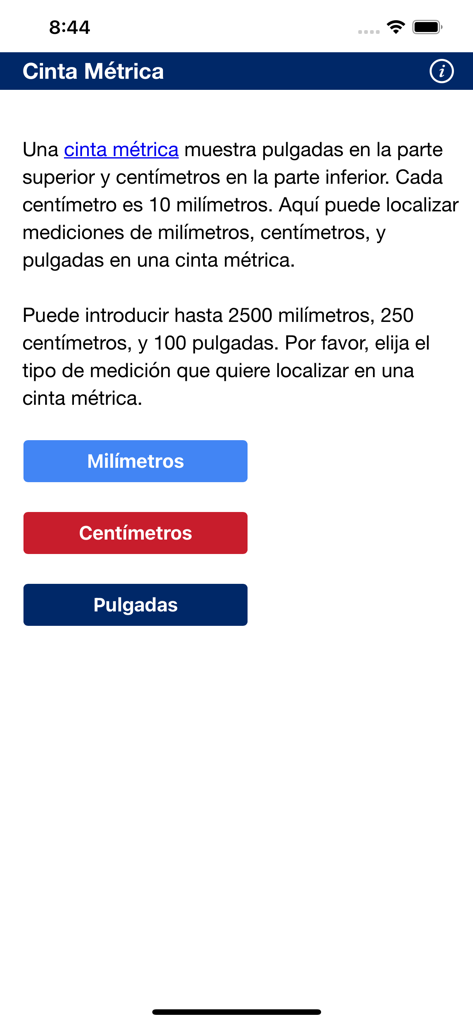 Cinta métrica - Menu screen of the Cinta metrica app showing buttons to select millimeters, centimeters, or inches