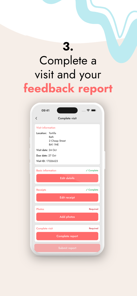 Mystery Dining - レストラン訪問を完了し、詳細なフィードバックレポートを送信するためのミステリーダイニングアプリインターフェイス