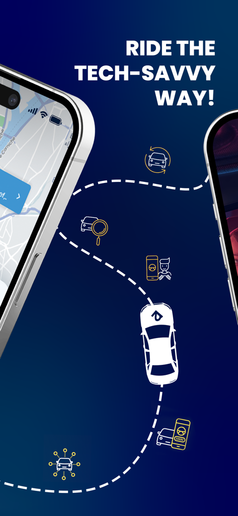 Arrw - Arrw app promo screen featuring a white car on a dotted path with the text Ride The Tech-Savvy Way