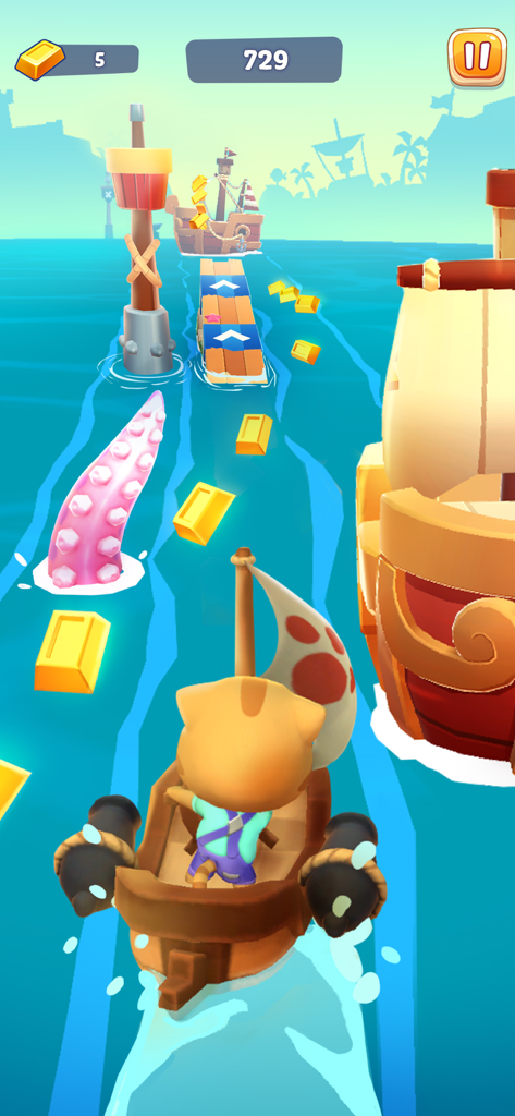 Talking Tom Time Rush - Talking Tom sailing a small boat through a water level with pirate ships and gold bars to collect