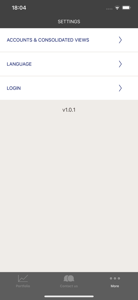 My Heritage - Settings screen of the My Heritage private banking app displaying menu options for accounts language and login