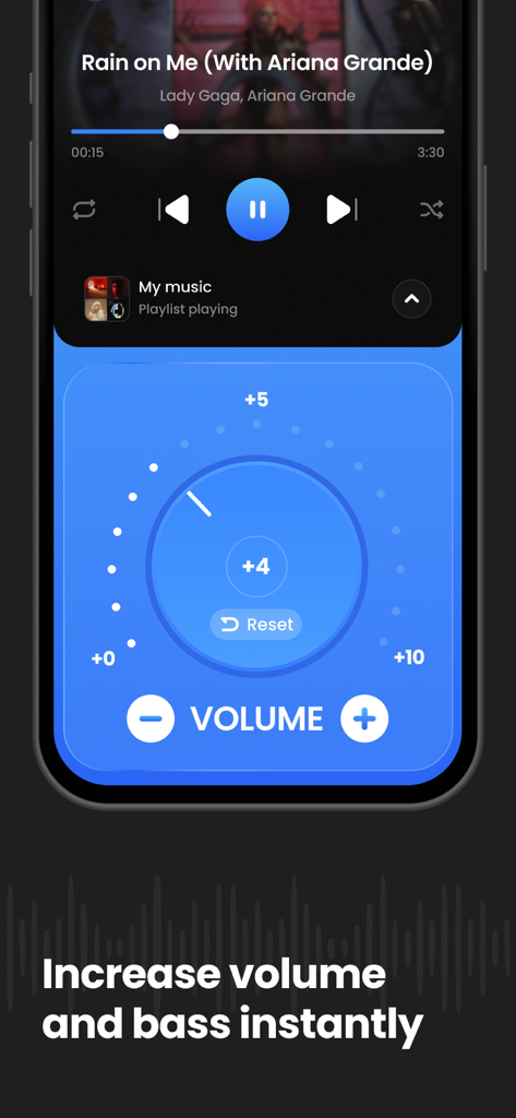 Bass & Volume Booster - BassUp - A mobile interface for BassUp showing a blue volume dial and music playback controls to increase sound levels.