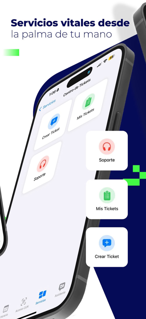 Cun 360 - Pantalla del centro de tickets de la aplicación Cun 360 con opciones de soporte y creación de tickets.