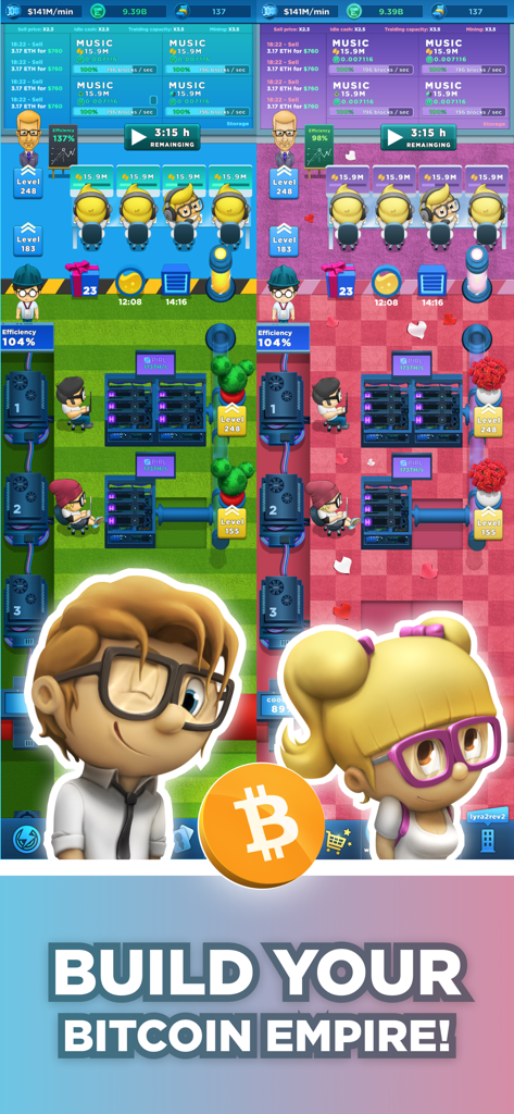 Mobile gameplay of Crypto Miner Bitcoin Factory showing the mining interface and cartoon characters
