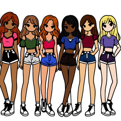 a group of girls wearing crop tops and shorts