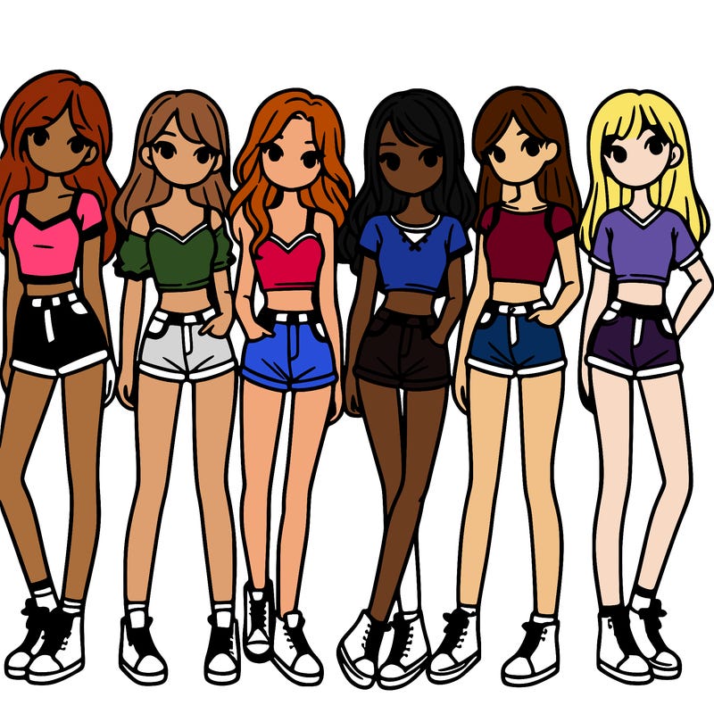 a group of girls wearing crop tops and shorts