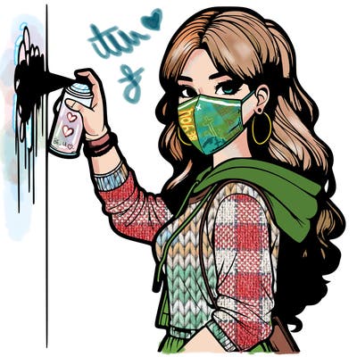 realistic girl with mask spray painting a wall