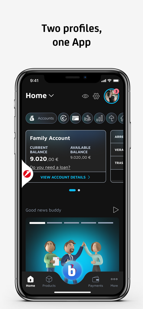 UniCredit Mobile Banking app home screen showing account balance and dual profile features