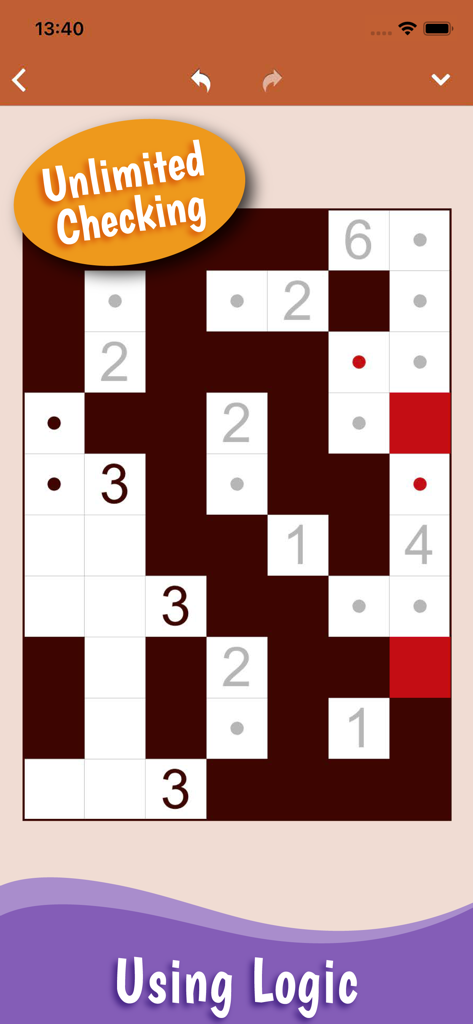 Nurikabe: Islands & Walls - Una cuadrícula de rompecabezas lógico Nurikabe que muestra islas y muros con una función de verificación ilimitada