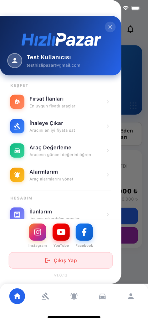 Hızlı Pazar Esnaf - Hizli Pazar Esnaf mobile app menu showing user profile and vehicle listing options