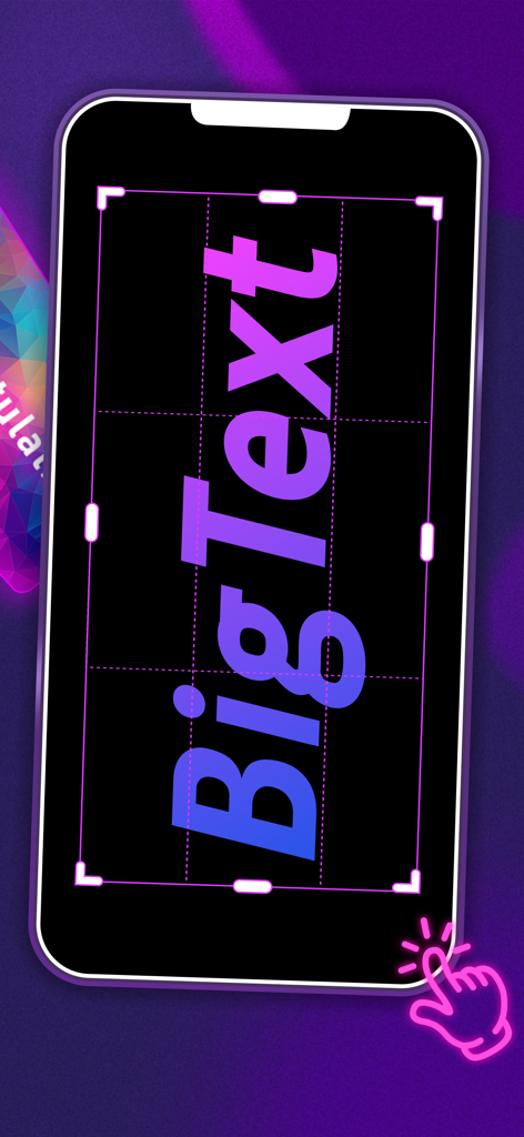 LED Banner - Big Text Scroller - Una pantalla de smartphone mostrando texto grande y en negrita en gradiente morado y azul que dice Big Text sobre un fondo negro