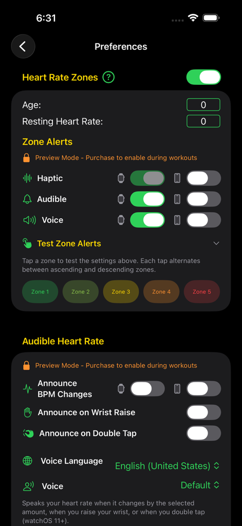 HeartCast app preferences screen for heart rate zones and audible alerts.