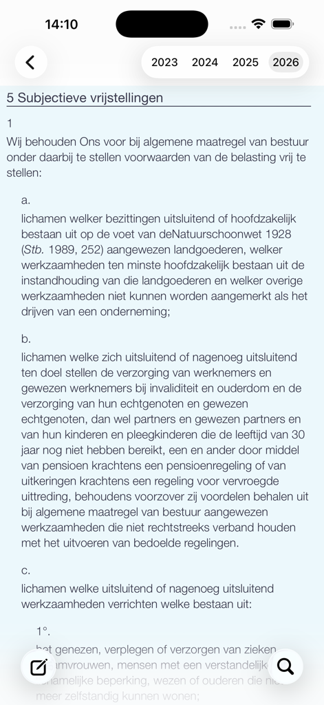 Wetten - Testo legale dettagliato delle esenzioni fiscali olandesi all'interno dell'interfaccia dell'app Wetten.