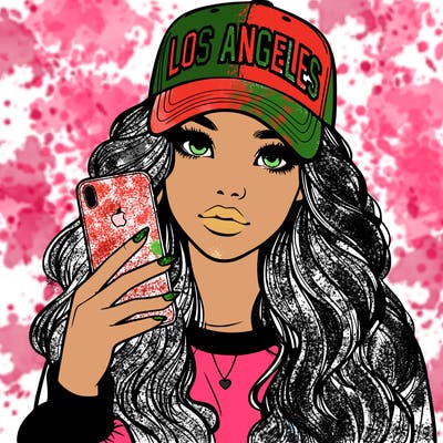 realistic beautiful girl wearing los ángeles cap holding an iphone