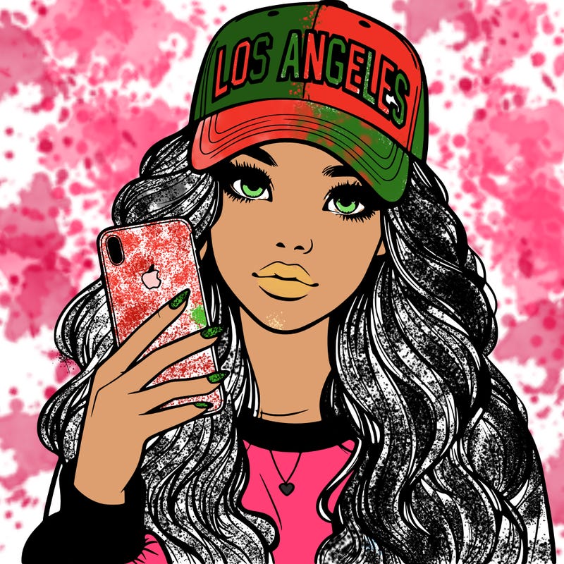 realistic beautiful girl wearing los ángeles cap holding an iphone