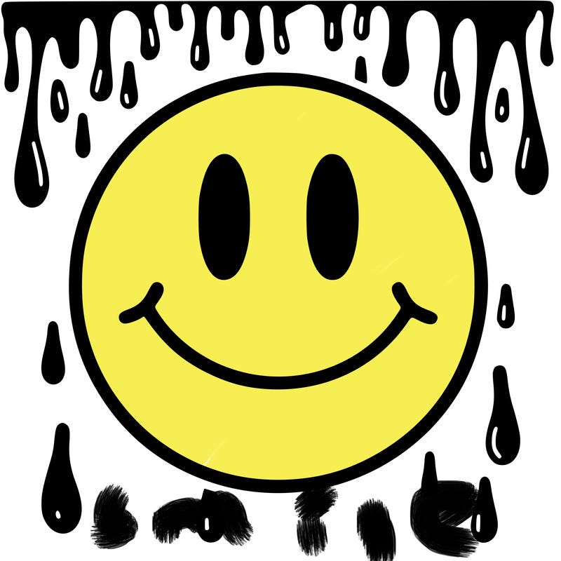 smiley face with drippy black and white background