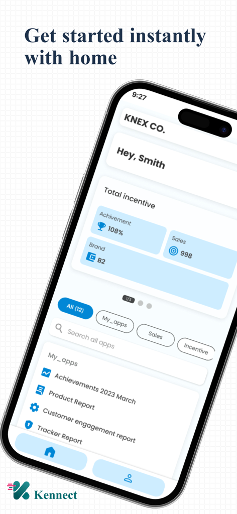 Kennect (V3) - Kennect V3 dashboard showing sales achievements and incentive reports.
