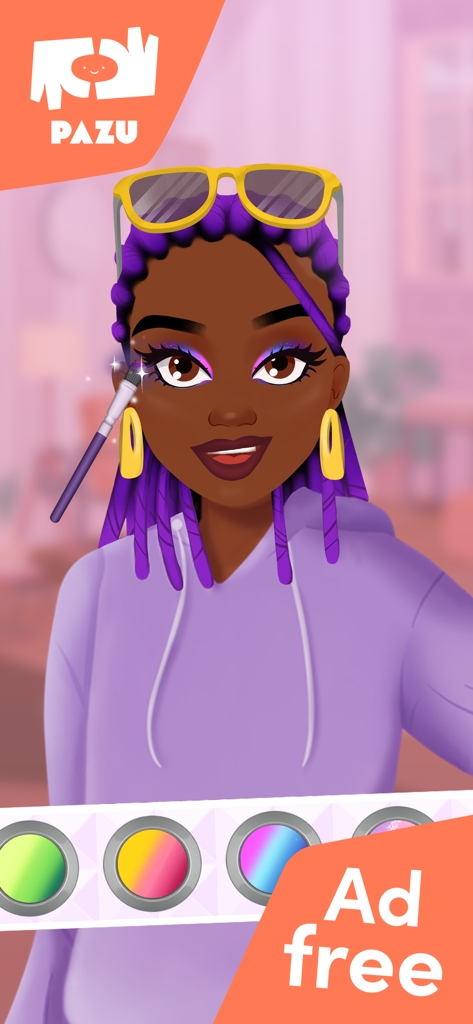 Aplicando sombra a uma personagem com tranças roxas no aplicativo Jogos de Salão de Maquiagem para Meninas