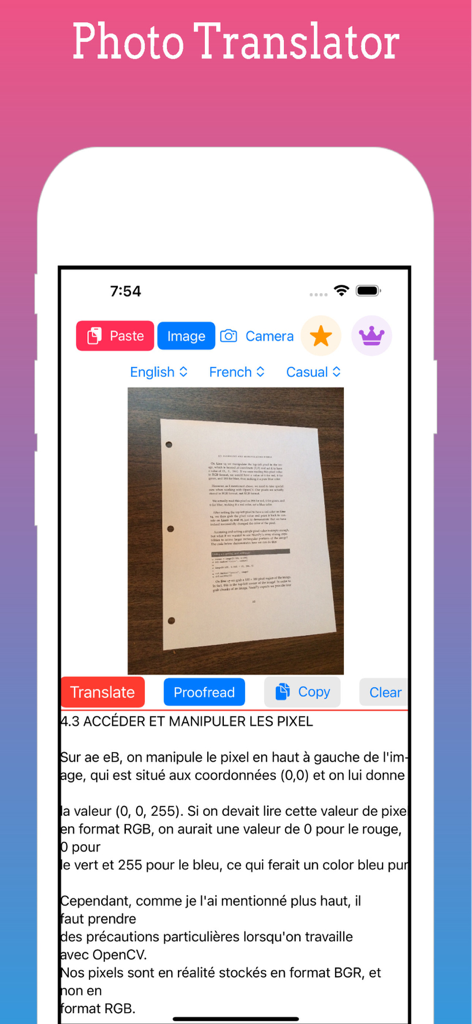 AI Translator, Translate Photo - Interfaz de la aplicación Traductor IA mostrando un documento traducido de inglés a francés usando una foto