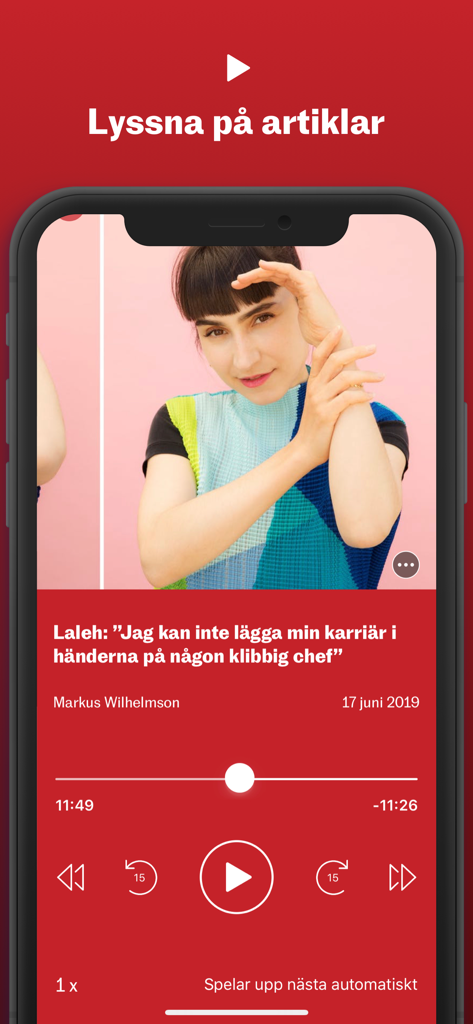 Vi - Interface of the Vi news app showing the audio player feature for listening to long-form articles.