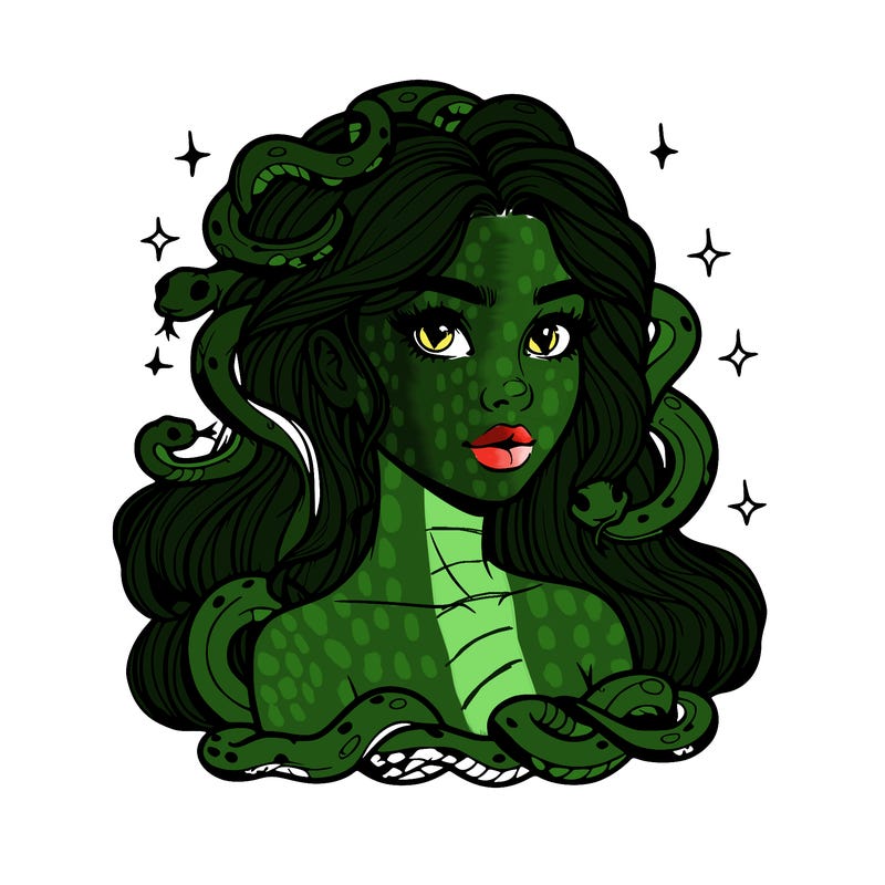 realistic girl with snakes as hair