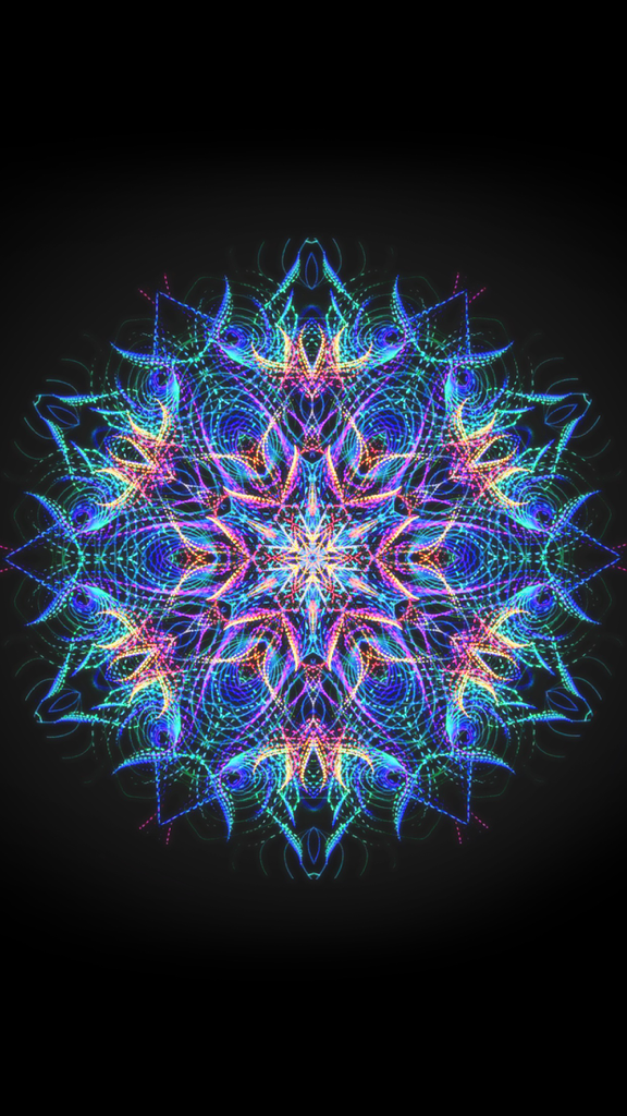 Vibrant neon mandala artwork with intricate glowing patterns on a dark background.