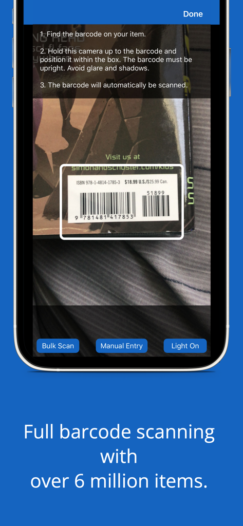 iCollect Action Figures: Toys - A smartphone screen showing the barcode scanner interface of the iCollect Action Figures app to inventory toys