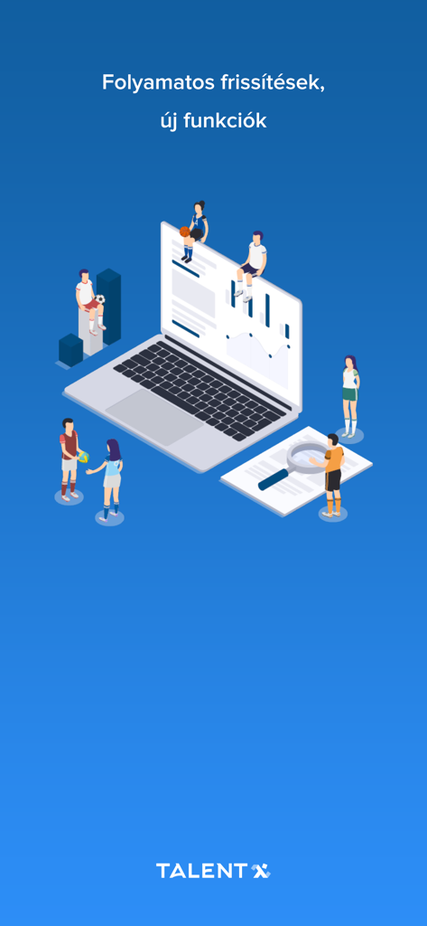 TalentX - Isometric illustration of young athletes around a laptop showing sports performance charts