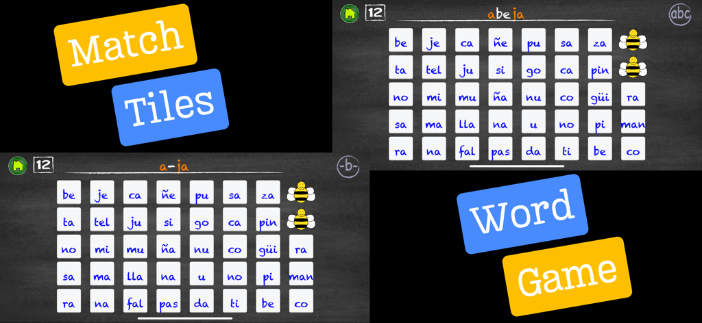 Lee Paso a Paso 2 - Un juego de cuadrícula educativa donde los niños combinan sílabas en español para formar palabras en la aplicación Lee Paso a Paso 2.