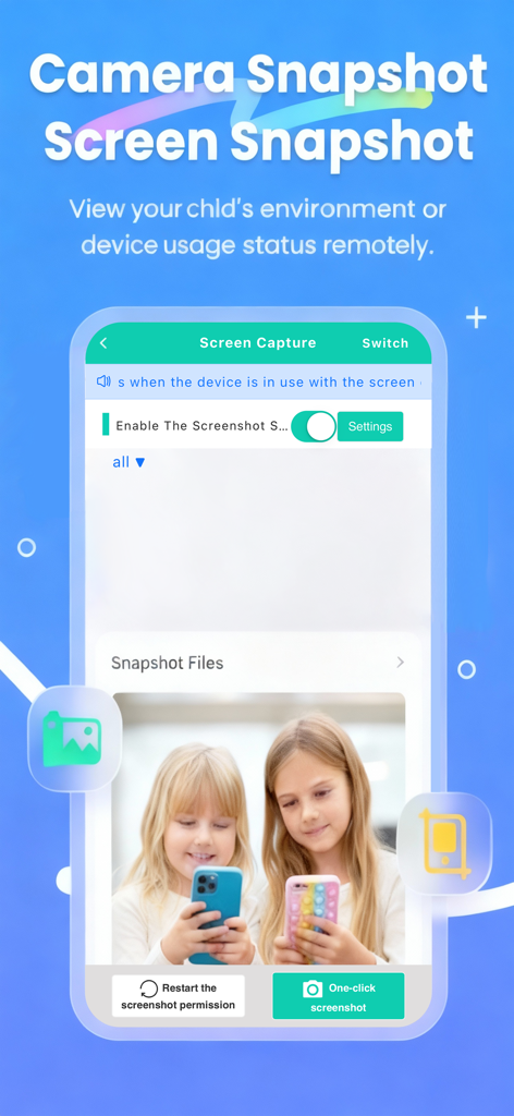 KidsLink Kids - KidsLink Kids app interface showing camera and screen snapshot features for remote parental monitoring.