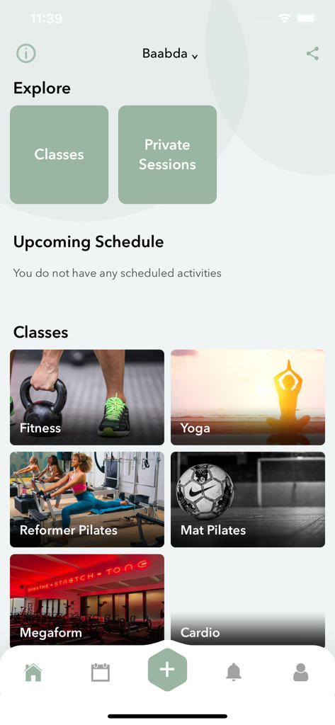 the studio. - Die Benutzeroberfläche der the studio.-App zeigt Fitnesskurskategorien an, darunter Reformer Pilates und Yoga