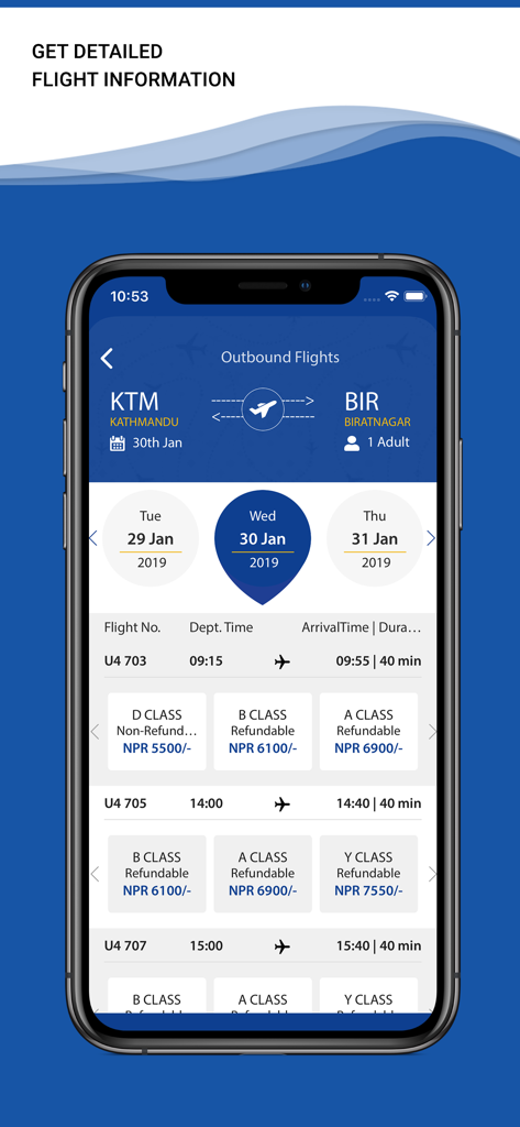 Buddha Air - Pantalla de la aplicación móvil Buddha Air que muestra los horarios de vuelos y las opciones de tarifas de Katmandú a Biratnagar.
