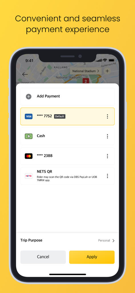 TADA – Ride Hailing - TADA ride hailing app payment method selection screen showing credit card and cash options.