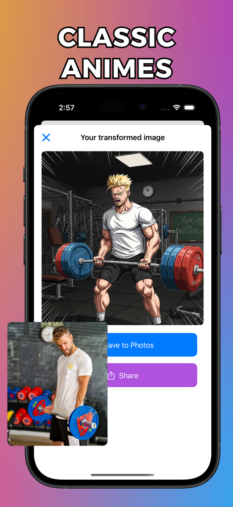 Cartoon Yourself: ToonMe - Una foto de gimnasio transformada a un estilo de anime clásico utilizando la aplicación ToonMe