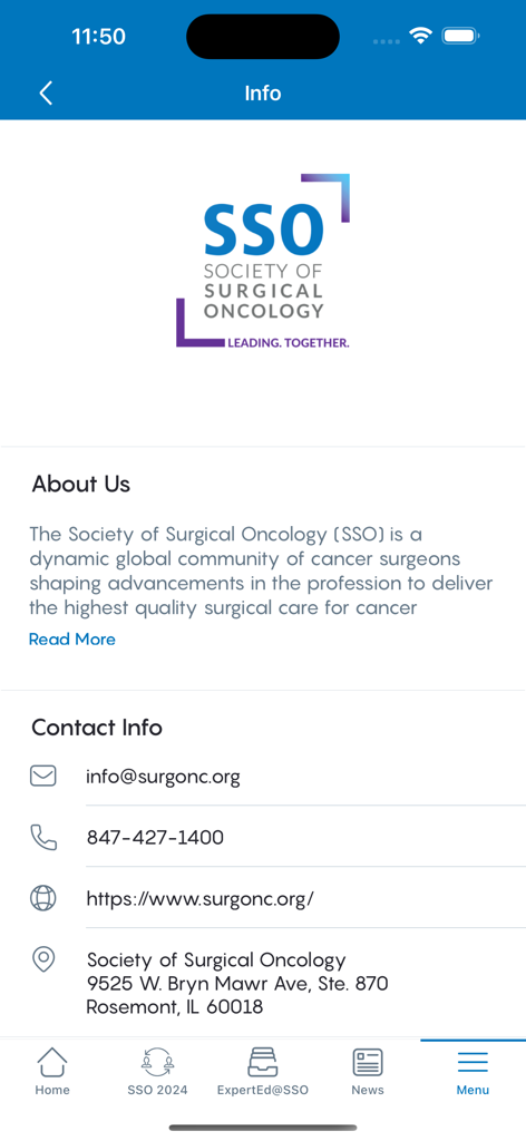 SSO Mobile - Society of Surgical Oncology mobile app information screen featuring the organization logo and contact details