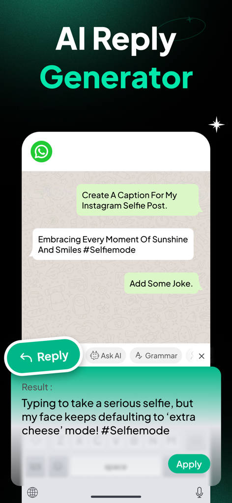 TypeFix: AI Writing Keyboard - Interface montrant le Générateur de réponses IA TypeFix créant une légende humoristique de selfie Instagram dans une application de messagerie.