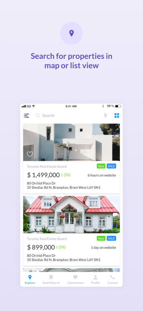 Aplicativo móvel Localizador de Imóveis mostrando listagens de propriedades imobiliárias em visualização de lista com preços e fotos