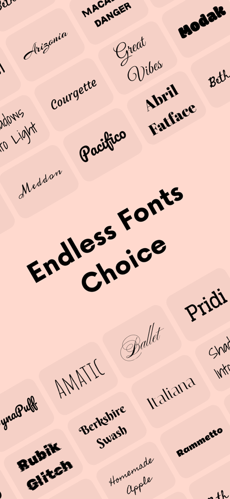 Fontini: fonts for ig story - Eine Auswahl verschiedener stilvoller und ästhetischer Schriftarten für Instagram-Stories auf einem zartrosa Hintergrund in der Fontini-App.