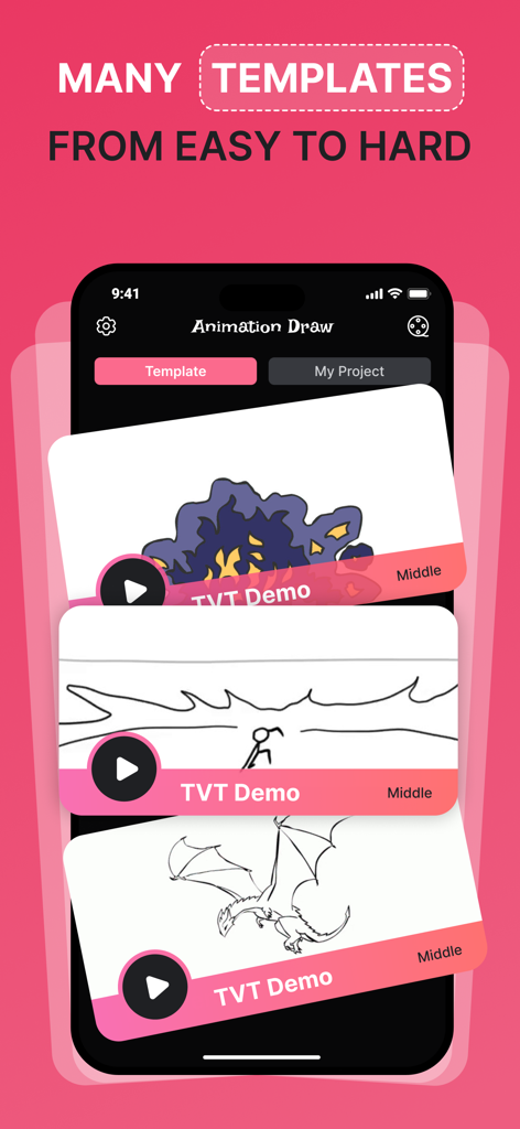 Interface of the Animation Creator app showing a selection of 2D animation templates ranging from easy to hard