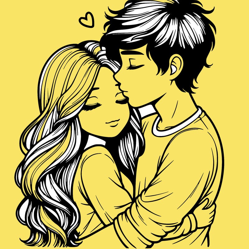 a realistic couple boy and girl hugging and kissing